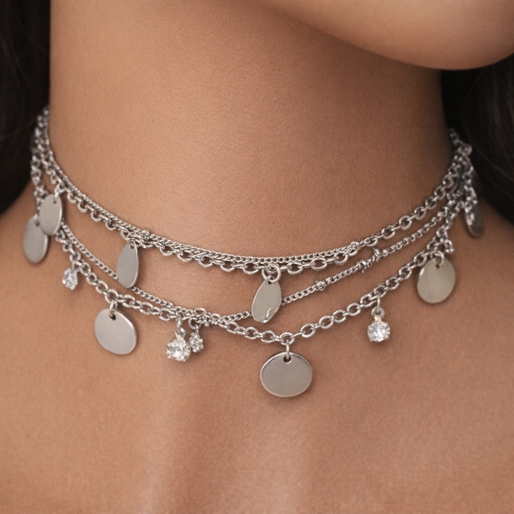 Women's Stunning Rhodium Layered Choker with Discs & Crystal Drops 11+2-inch